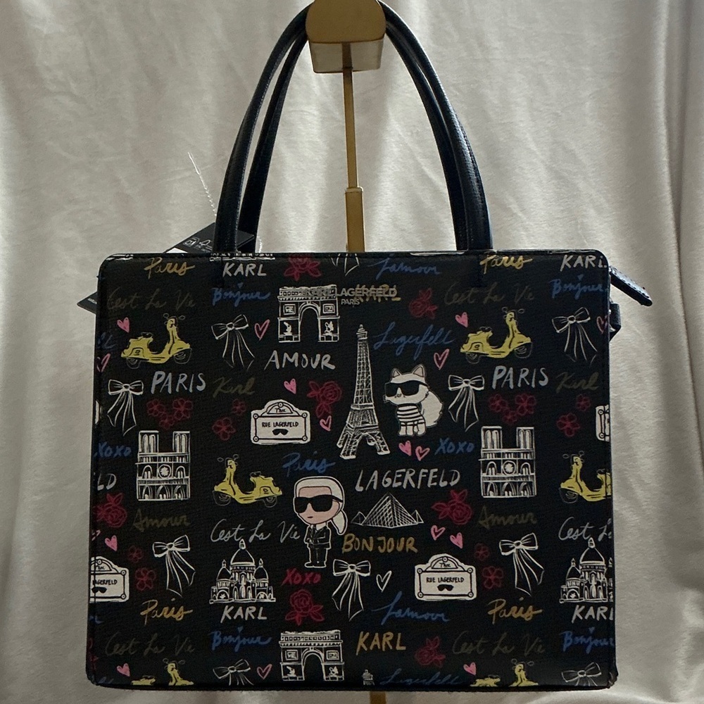 Karl Lagerfeld Black Paris Print Satchel with Multicolor Motifs